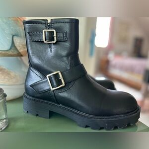 Steve Madden Girl Farley Black Ankle Buckle Moto Combat Boots